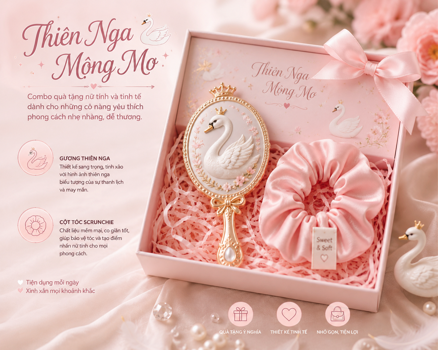 Thiên Nga Mộng Mơ - Combo Lược Cột Tóc Scrunchie