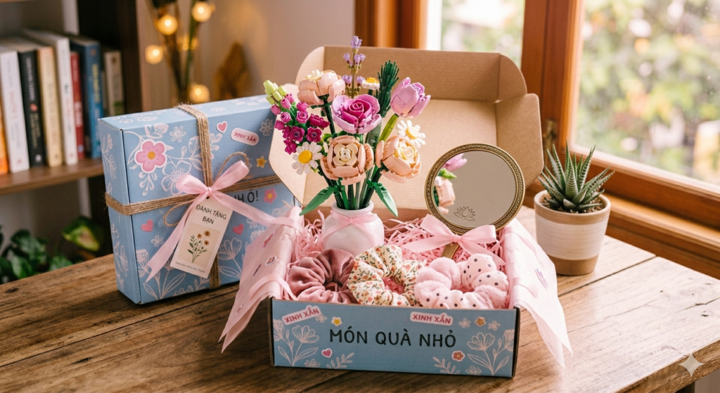 Alt: Trọn bộ set quà tặng bạn gái dễ thương kèm hộp giấy floral chỉn chu