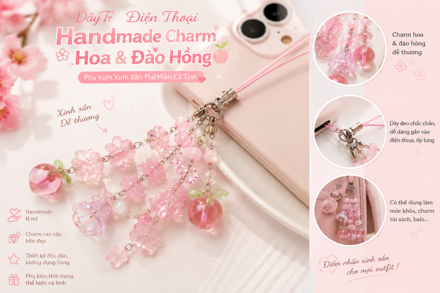 Dây Treo Điện Thoại Handmade Charm Hoa Dễ Thương